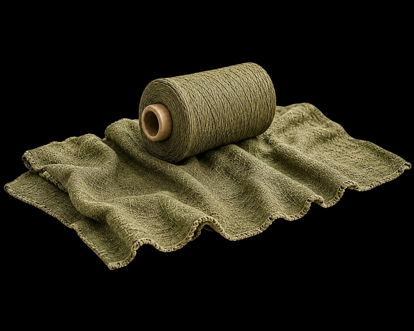 Spool of yarn resting on folded olive fabric