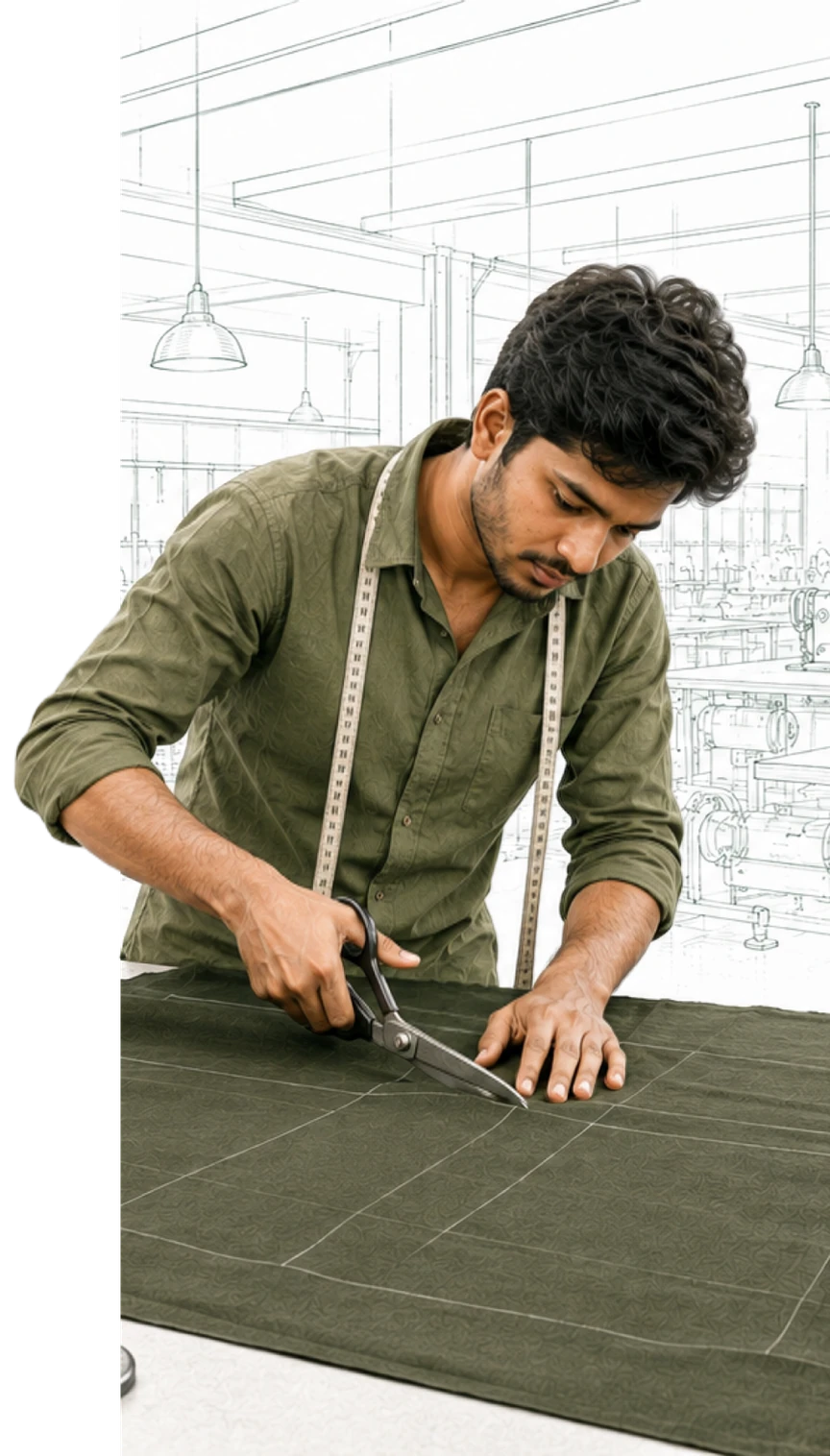 Pattern master cutting fabric on the Ellwinkz floor